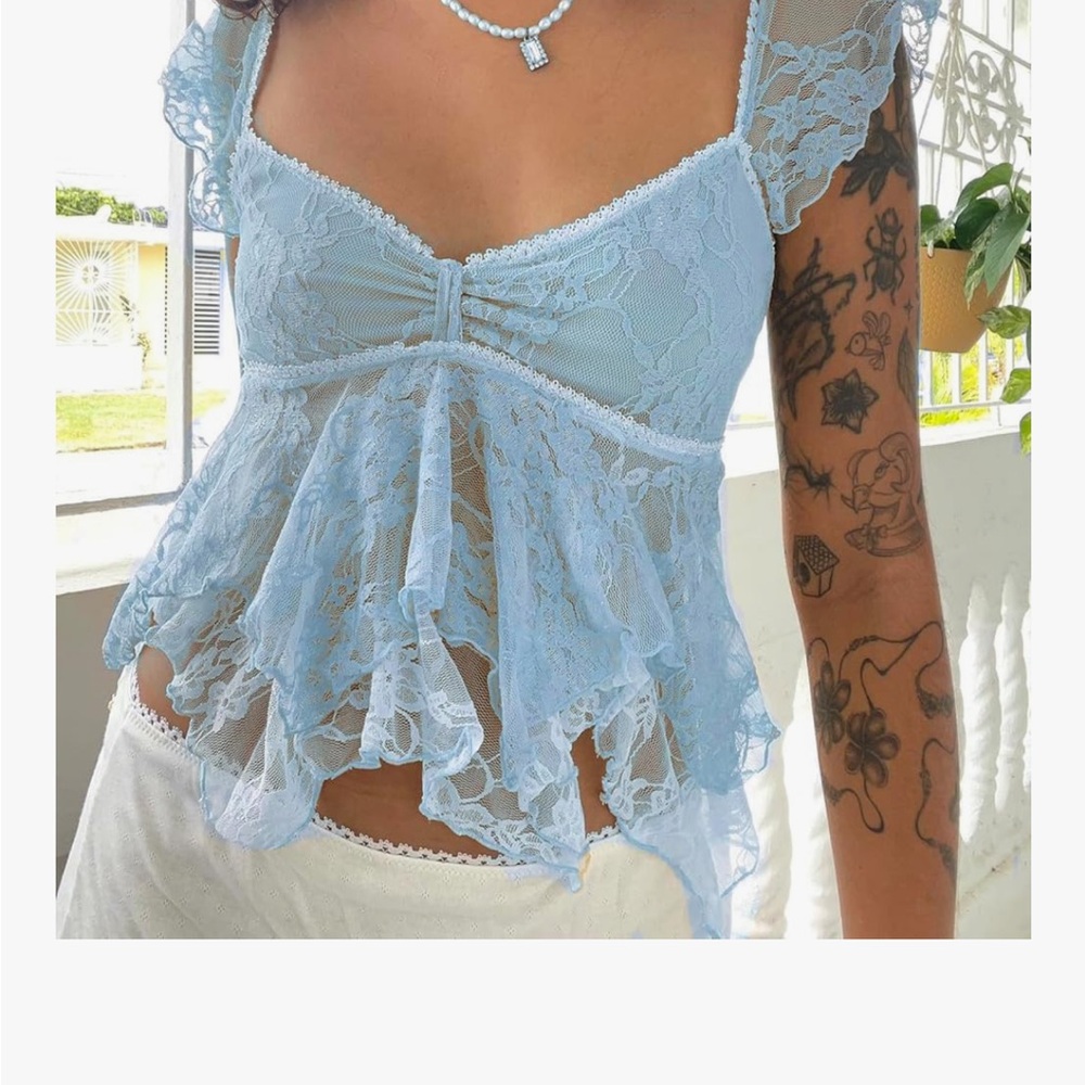 Lace Blue Ruffle Top